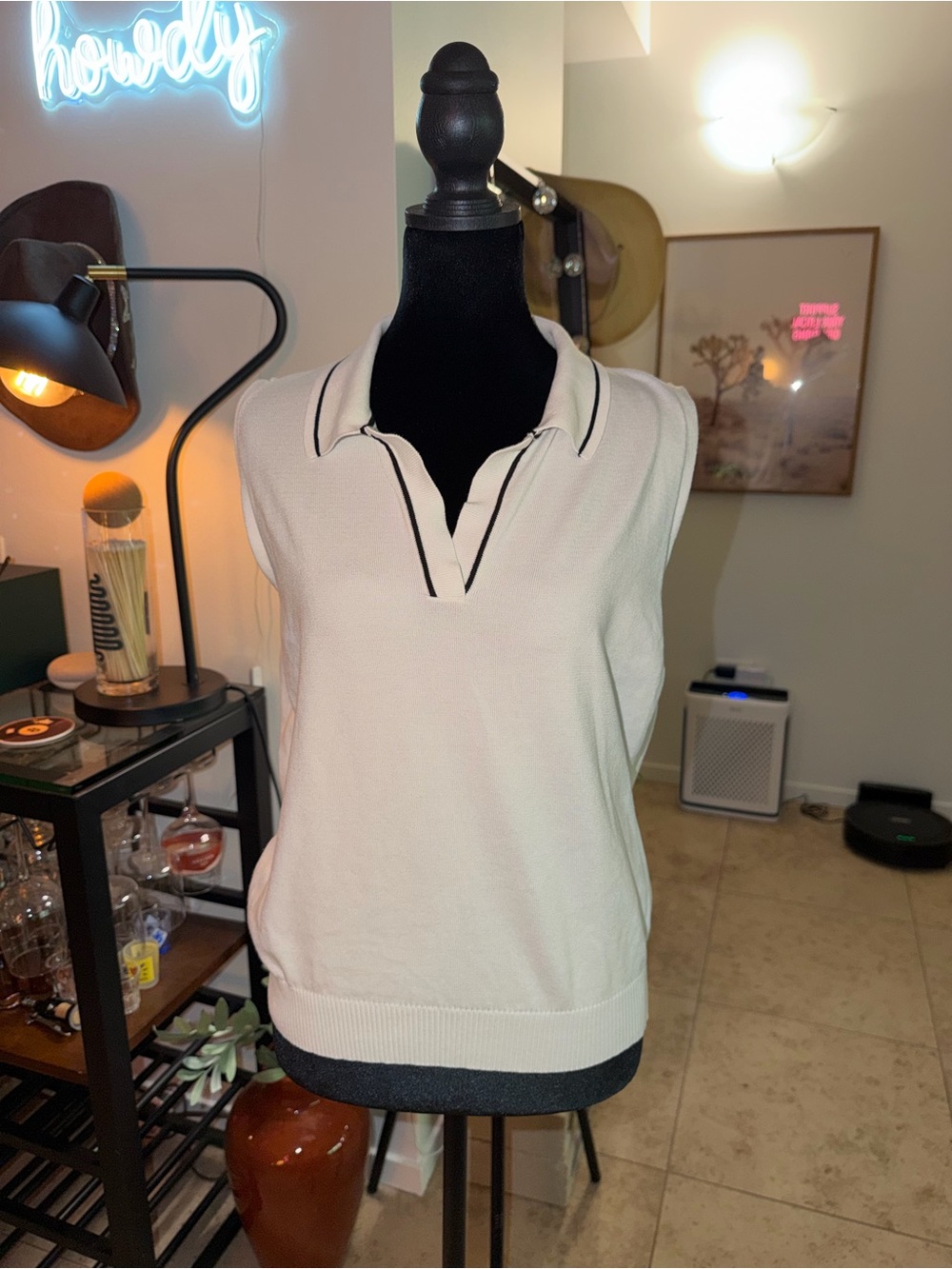 Ming Wang Cream Sleeveless Knit Polo with Black Trim